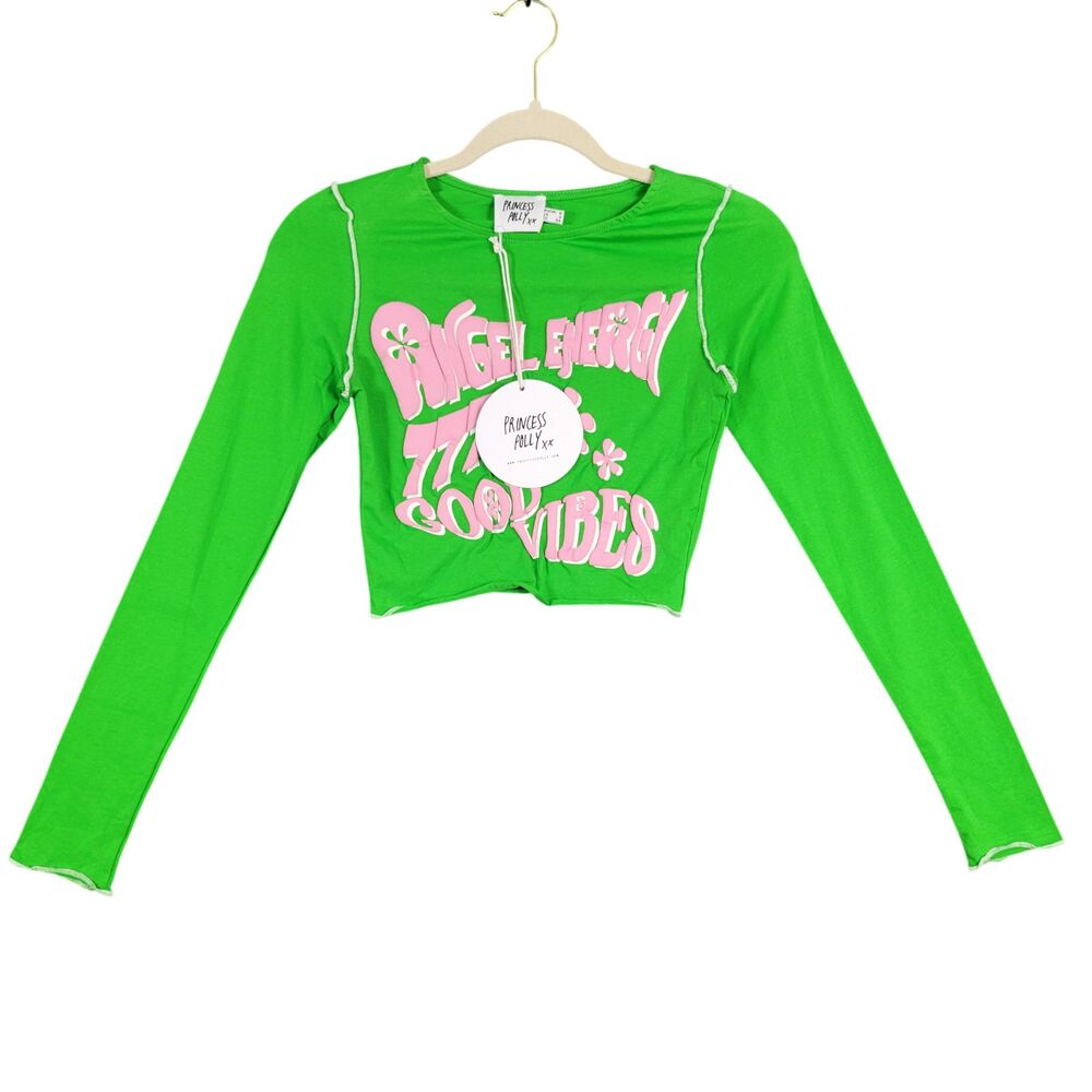 NWT PRINCESS POLLY Green Good Vibes Angel Energy Long Sleeve Crop Top SIZE 2